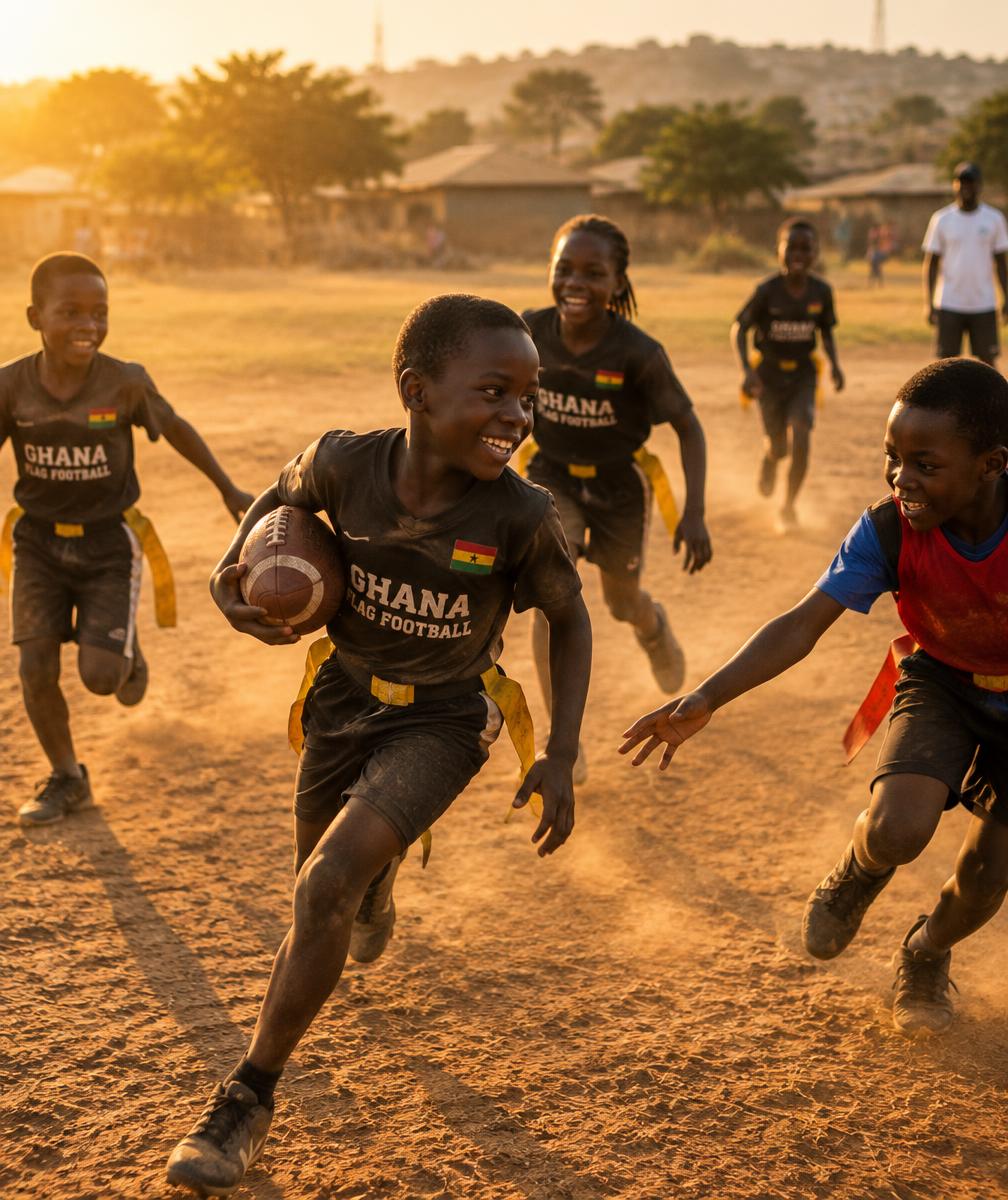 Children playing flag football on a dusty field at golden hour in Ghana
